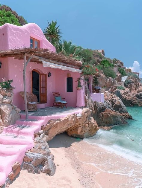 Pink Beach House Aesthetic, Vibey Pictures, Pink Villa, Pretty Beach House, Pink Beach House, Beach House Aesthetic, Spanish Hacienda, Adobe House, Dream Life House