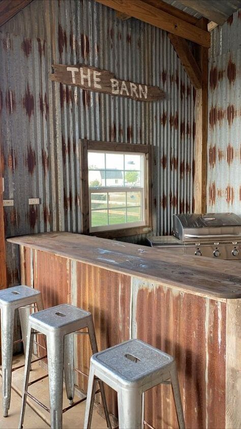 A quick two step staining process using common household ingredients that will make any wood look like old , weathered, barn wood.We recently covered the front of this bar with old, corrugated metal panels and trimmed it with barn wood. When we cut the barn wood into strips for the trim, it left us with some edges that did not match. See our staining process to match up the wood tones below,Make your own Weathered Barn Wood Stain Casa Cook Hotel, Barn Bar, Wood Light Fixture, Barn Wood Projects, Window Projects, Party Barn, Backyard Bar, Two Step, Casa Container