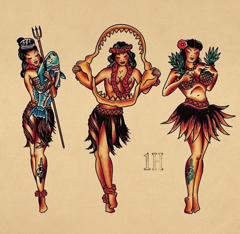 American Traditional Tattoos Spiritual, Hawaiian Girl Tattoos, Hula Girl Tattoo, Hula Girl Tattoos, Aloha Tattoo, Skateboard Artwork, Traditional Black Tattoo, Tshirt Prints, Tiki Tattoo