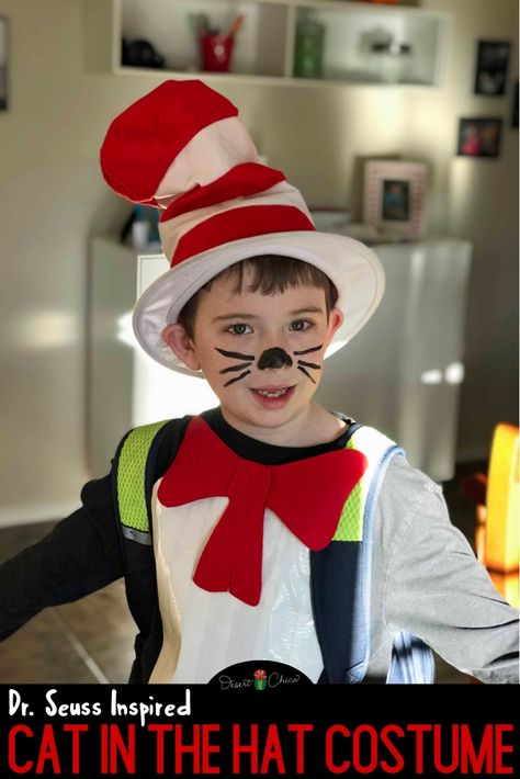 This Cat in the Hat costume is an easy homemade dress-up idea for boys, girls, and teachers. It's perfect if you need to Dr. Seuss character ideas for Read Across America week or storybook dress up day at school. The DIY is very simple and perfect if you need a last minute costume. Just follow the tutorial in this how to make Cat in the Hat costume post. Dr. Suess Costumes | Dr. Seuss Costumes for Kids | Dr. Seuss Costume Ideas | Cat in the Hat Face Paint Dr Seuss Makeup Ideas, Cat In The Hat Face Paint, Dr Seuss Costume Ideas, Sew Costume, Cat In The Hat Costume, Seuss Costumes, Storybook Dress, Cats Costume, Cat Costume Kids