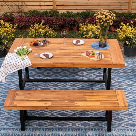 Lark Manor Mcgahan Rectangular 2 - Person 67.7'' Long Dining Set & Reviews | Wayfair Table And Bench Set, Wooden Dining Set, Wood Patio Furniture, Patio Bar Set, Wood Patio, Dining Sets Modern, Solid Wood Table, Patio Dining Set, Outdoor Bench