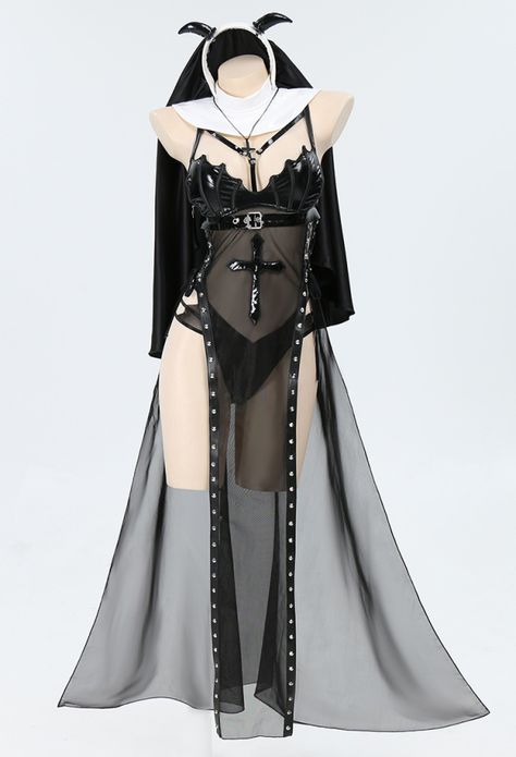 Vampire Female Character Design, Wicked Outfit Ideas, Dress References, Nun Outfit, Goth Lingerie, Gothic Lingerie, Dress With Gloves, Gacha Clothes, Cosplay Inspo