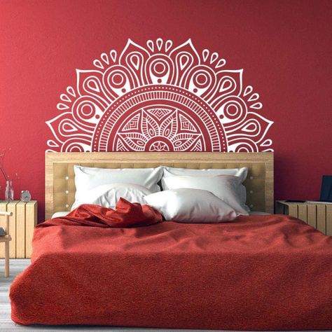 Mandala Headboard, Vinyl Bedroom, Headboard Wall Decal, Bedroom Indian, Half Mandala, Home Wall Painting, Indian Room Decor, Creative Wall Painting, Wall Art Diy Paint