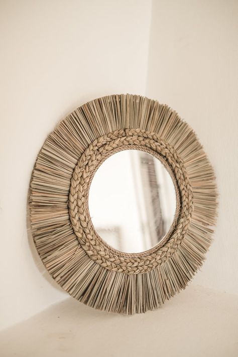 Mirror On Dresser, Seagrass Mirror, Diy Mirrors, Boho Mirrors, Bohemian Mirror, Mirror Boho, Natural Mirrors, Boho Mirror, Wedding Mirror