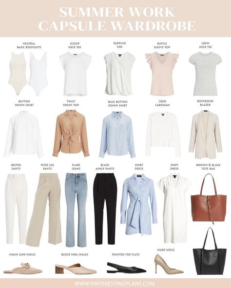 Rachel Moore - Style Influencer on Instagram: “Workwear capsule wardrobe for summer! Tag a chic gal who might be looking for workwear staples. I’m curious if those who are working in…” Business Casual Staple Pieces, Cute Summer Business Casual Outfits, Summer Business Casual Shoes, Business Travel Outfits Woman Summer, Classic Summer Wardrobe, Capsule Wardrobe For Work, Office Capsule Wardrobe, Corporate Girl, Chic Capsule Wardrobe