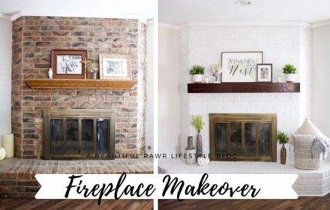 DIY Brick Fireplace Makeover - Learn how I painted this fireplace like a pro, built a mantel, and decorated our farmhouse fireplace for under $100 with @gordmans #gotitatgordmans #ad #homedecor #homemakeover #homerenovations #DIY #DIYHome #homebeforeafter #farmhousedecor Stone Fireplace Makeover, Red Brick Fireplaces, Tall Fireplace, Painted Brick Fireplace, Painted Brick Fireplaces, Diy Fireplace Makeover, Brick Fireplace Makeover, Rock Fireplaces, Farmhouse Fireplace