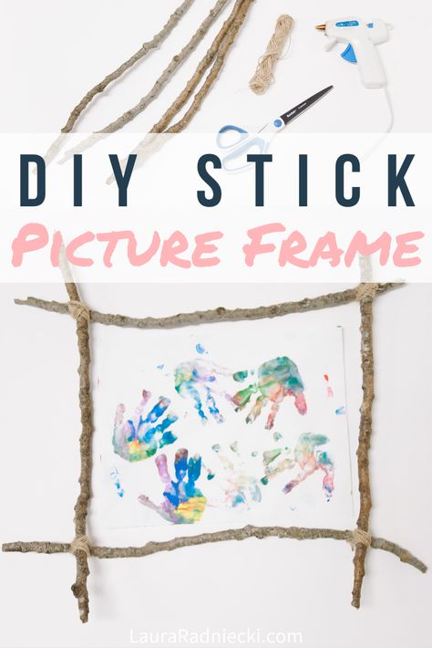 Spending time in nature makes you want to make crafts with all the things you find! Here's a stick craft idea: a DIY picture frame made with sticks! Frame your kid's artwork or string yarn between the frame and clip on your memorabilia! #stickcrafts #pictureframe #crafts #diy #lauraradniecki Stick Craft Ideas, Diy Picture Frame, Diy Driftwood, Twine Crafts, Spending Time In Nature, Footprint Crafts, Time In Nature, Diy Picture Frames, Work Diy