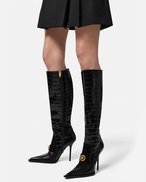 Versace Croc-Effect Alia Boots | VERSACE Booties Dress, Versace Boots, Vagabond Boots, High Fashion Clothing, Womens Designer Boots, Luxury Clothes Men, Knee Length Boots, Versace Home, High Fashion Outfits