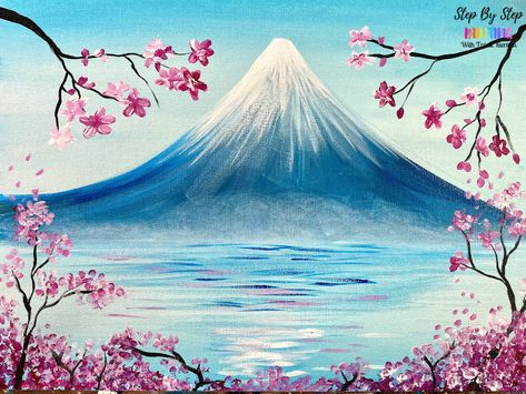 How To Paint Mount Fuji - Step By Step Acrylic Painting Mt Fuji Painting, Fuji Painting, Easy Landscape Paintings, Northern Lights Painting, Easy Flower Painting, Painting Party, Painting Easy, Acrylic Painting Tips, Mt Fuji