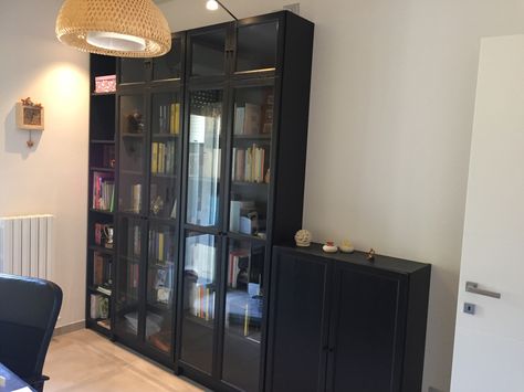 Ikea Billy Bookcase Combination, Black Billy Bookcase, Billy Bookcase Black, Ikea Master, Library Vibes, Office Bookshelf, Office Bookshelves, Library Bookshelves, Black Combination