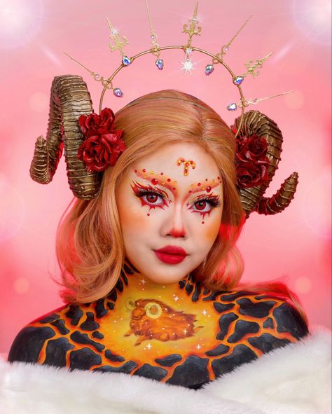 Aries Costume Zodiac, Aries Makeup Look, Aries Costume, Aries Cosplay, Aries Makeup, Zodiac Makeup, Aries Art, Halloween Makeup Inspiration, Photoshoot Makeup