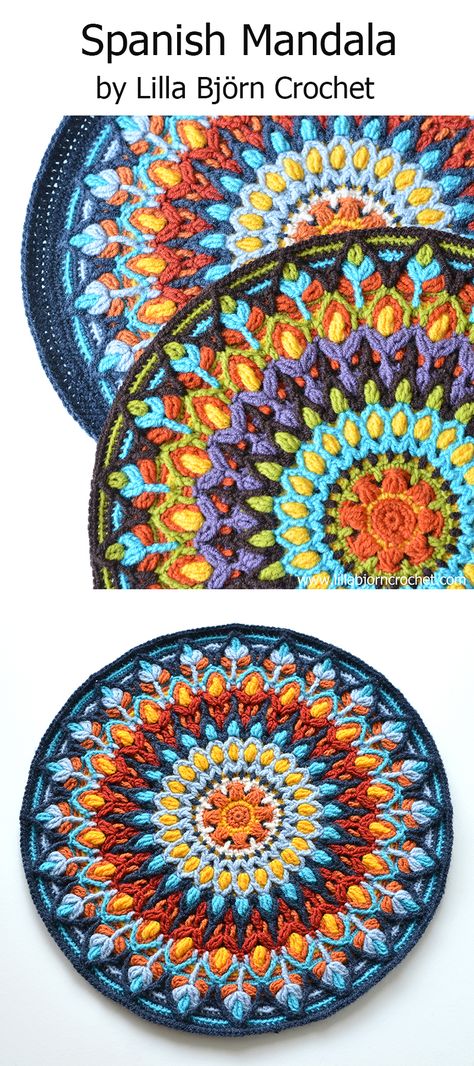 Spanish Mandala design was inspired by ceramic handmade plates from Spain. this mandala is made in overlay crochet technique, with lots of front post stitches. The crocheted fabric is quite thick, and it is ideal for making a round pillow. Check details on http://www.lillabjorncrochet.com/2016/05/spanish-mandala-create-your-own-sun.html Motif Mandala Crochet, Crochet Cardigans, Crochet Mandala Pattern, Crochet Ornaments, Crochet Pillow, Square Crochet, Crochet Mandala, Crochet Motifs, Crochet Rug