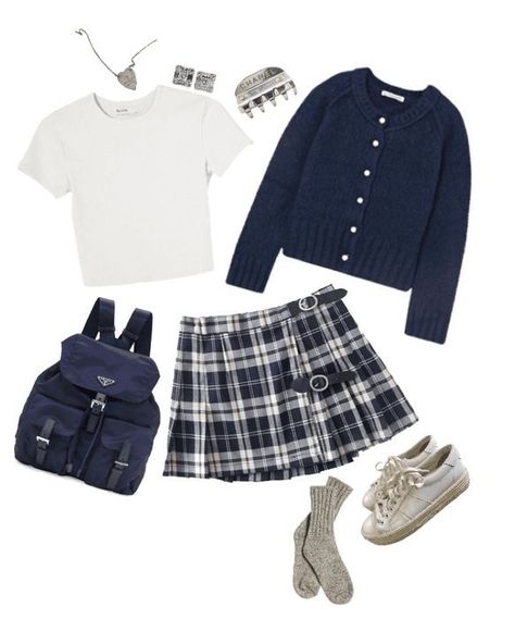 navy cardigan plaid skirt t shirt sneakers Outfit Inspo Fall School, Outfit Ideas For High School, Outfits Stylish, School Uniform Fashion, Fall School, Cute Skirt Outfits, Outfits Classy, Navy Cardigan, Outfit Shoplook