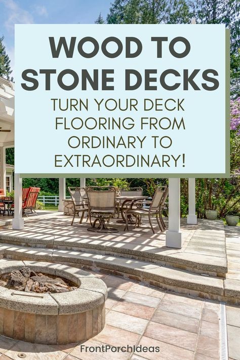 Make your deck or porches flooring stand out by turning a wood deck into a stone deck. This simple guide will show you how to convert your deck or porch flooring from wood to stone. Save time and money with this simple wood to stone deck flooring conversion! Pool Deck Stone, Southern Charm Homes, Front Porch Design Ideas, Front Porch Remodel, Ground Level Deck, Front Porch Addition, Brick Porch, Stone Porches, Stone Deck