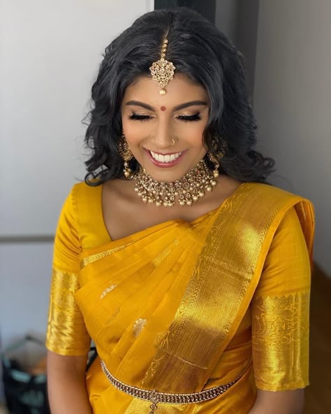 RahjamDesignerSilks on Instagram: “Our gorgeous bride  Nishana from Swiss in mustard yellow kanchipuram saree on her engagement . . Mua : @mahabeautycare  Saree :…” Yellow Kanchipuram Saree, Marriage Saree, Tamil Saree, Indian Fits, Hindu Weddings, South Indian Bride Saree, Bridal Hairstyle Indian Wedding, Engagement Saree, Bookmark Designs