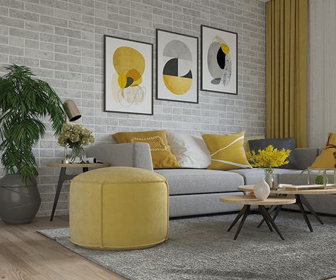 Design yellow and grey Living Room Ochre Aesthetic, Living Room Design Yellow, Villa Elevation, Mustard Living Rooms, Grey And Yellow Living Room, Yellow Decor Living Room, Living Room Decor Gray, Yellow Room, Yellow Living Room