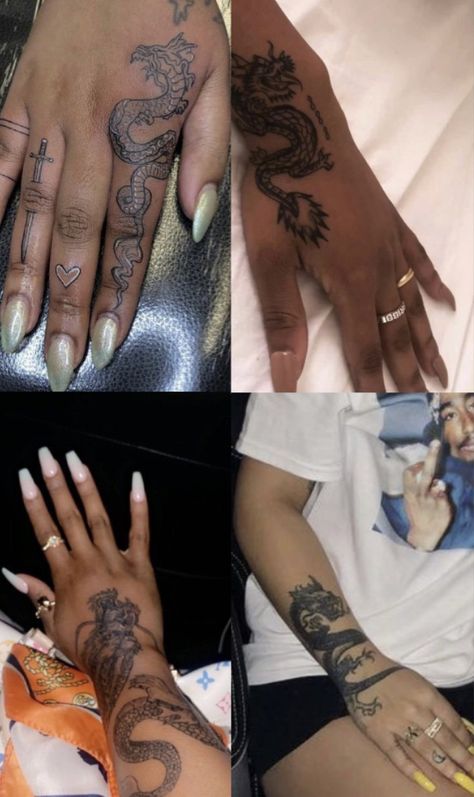 black baddie dragon hand tattoo Matching Tattoos On Hand, Baddie Tats Side Arm, Small Baddie Tattoos, Dragon Hand Tattoo, Baddie Tats, Baddie Tattoos, Dragon Hand, Cute Hand Tattoos, Pretty Hand Tattoos