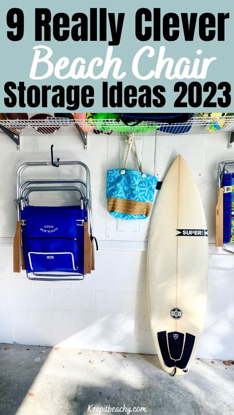 beach chair storage ideas Beach Equipment Storage, Beach Garage Organization, Beach House Garage Storage, Beach Chair Storage In Garage, Garage Beach Organization, Chair Storage Ideas, Beach Chair Storage, Beach Gear Storage, Beach Organization