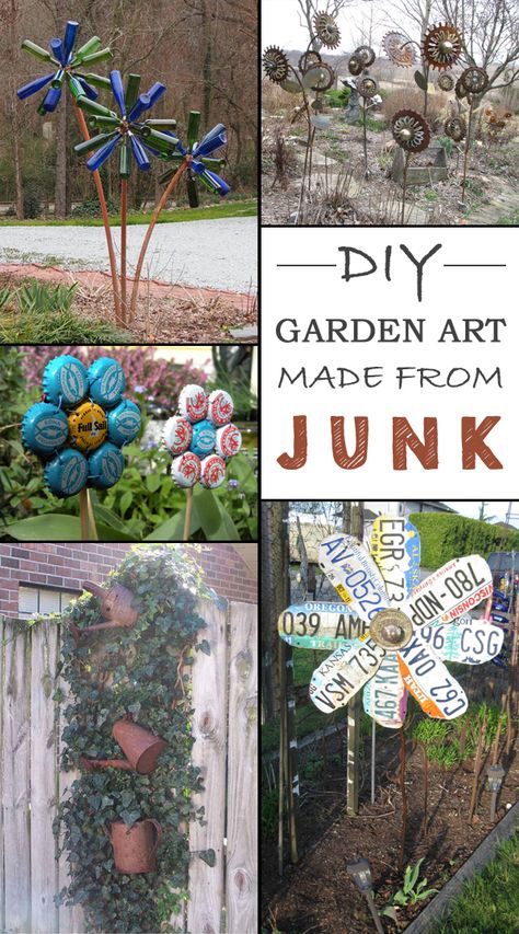 12 Ideas How To Create Unique Garden Art From Junk • Garden Decor • Garden Decorations Garden Art From Junk, Junk Garden, Unique Garden Art, Unique Garden Decor, Garden Junk, Meteor Garden 2018, Luxury Garden, Garden Art Sculptures Diy, Garden Art Projects