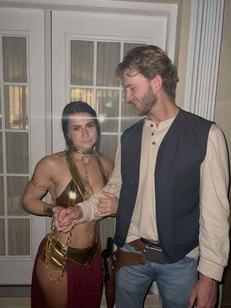 120 Best Star Wars Halloween Costumes 2024 57 Princess Leia Jabba The Hut Costume, Princess Leia Gold Costume, Princess Leia Jabba The Hut, Slave Princess Leia Costume, Tiger Couple Costume, Princess Leia Costume Slave Dress, Princess Laya Halloween Costumes, Leia Han Solo Costume, Hannah Montana Couple Costume