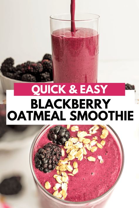 Blackberry Oatmeal Smoothie is a healthy snack that's hearty, smooth and creamy. Make this quick and easy blackberry smoothie in no time for an on the go breakfast that's nut free, dairy free. Blackberry Dessert Recipes, Blackberry Smoothie Recipes, Nut Free Breakfast, Blackberry Oatmeal, Oats Smoothie Recipes, Blackberry Dessert, Easy Breakfast Smoothies, On The Go Breakfast, Blackberry Smoothie