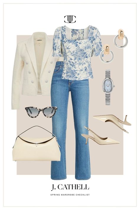 Spring Wardrobe Checklist for 2024 - J. Cathell J Cathell, Wardrobe Checklist, Capsule Wardrobe Essentials, Sweater Layering, Jcrew Sweater, Cropped Flare Jeans, Slip Skirt, Satin Slip, Find Your Style