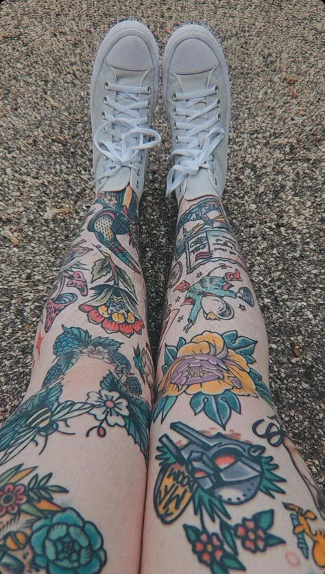 Patchwork Tattoo Color, Colorful Leg Tattoos, Leg Tattoos Thigh, Tattoos Neo Traditional, Patchwork Leg Sleeve, Tattoos American Traditional, Tattoos Large, Tattoos Thigh, Tattoos Leg