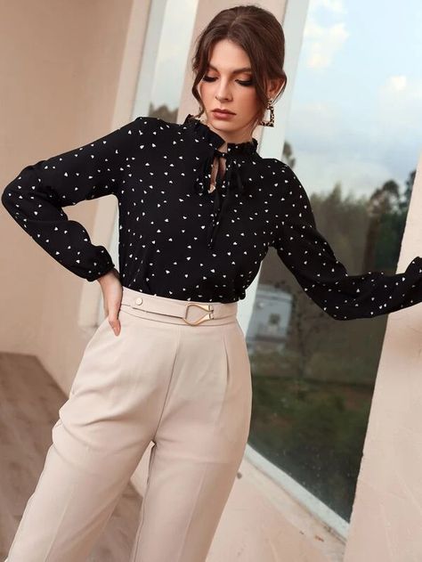 New Heart, Tie Neck Blouse, Women Blouses, Blouse Online, Tie Neck, Heart Print, Shoulder Length, No Frills, Neck Tie