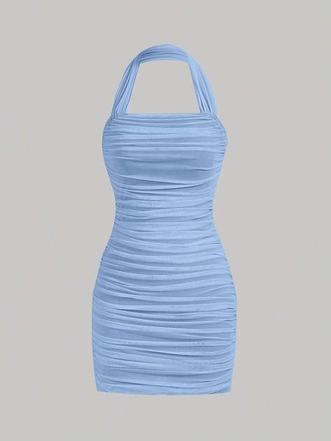 SHEIN MOD Solid Ruched Halter Bodycon Dress | SHEIN USA Blue Dresses Casual, Light Blue Bodycon Dress, Dress Png, Baby Blue Dress, High Waist Sports Leggings, Halter Bodycon Dress, Comfy Jumpsuits, Blue Bodycon Dress, Grace Beauty