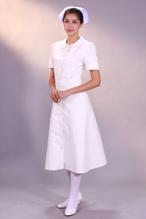 Doctor Women Outfit, Nurse White Uniform, Nurses Uniform Modern, Nurse Outfits, Career Costumes, Nurse Dress, Nurse Dress Uniform, Scrubs Dress, Cap Outfit