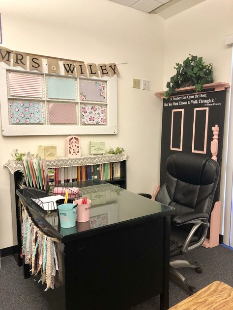 My co-teachers’ desk area in my classroom! Farmhouse classroom decor. Farmhouse Decor Classroom, Teacher Desk Decorations, Teacher Desk Areas, Teacher Desk Organization, Classroom Desk, Teacher Office, Decor Classroom, Classroom Decor Themes, Teacher Desk