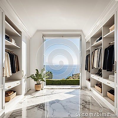 Luxurious Walk-In Closet with Ocean View. Luxurious Walk In Closet, View Illustration, Luxury Storage, Marble Flooring, White Cabinetry, Open Window, Sea View, Built In Wardrobe, Walk In Closet