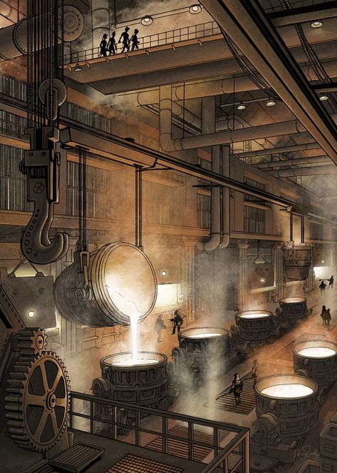 The Smeltery, Penko Gelev on ArtStation at… Steampunk Factory Concept Art, Diesel Punk City, Factory Concept Art, Steampunk Factory, Steampunk Interior Design, Steampunk Building, The Three Brothers, Steampunk Interior, Steampunk City