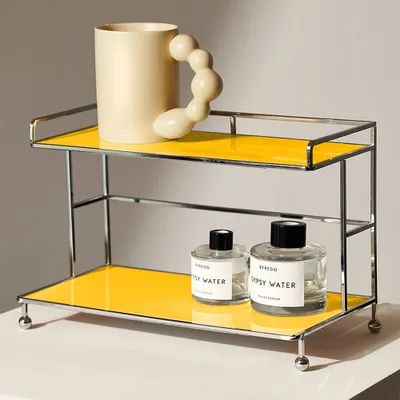 Modern 2-Tier Acrylic Storage Shelf Yellow Storage Rack with Open Storage Kitchen Mini Bar, Mini Shelves, Shelf Units, Fragrance Storage, Acrylic Shelf, Decor Studio, Acrylic Storage, Apartment Aesthetic, Dining Room Kitchen