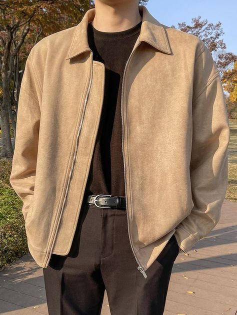 Guy Outfits Fall, Beige Jacket Outfit Men, Beige Outfit Men, Brown Jacket Outfit Men, Mens Outfits Aesthetic, Summer Jacket Men, Khaki Jacket Outfit, Beige Jacket Outfit, Drop Shoulder Jacket