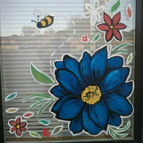 Spring/Summer Window Painting by Becky Wade. Flowers with bee Cute Window Painting Ideas, Easy Spring Window Art, Easy Window Painting Ideas Summer, Window Flower Painting, Easter Window Painting Easy, Floral Window Painting, Spring Window Art Ideas, Flower Window Art, Daycare Window Painting