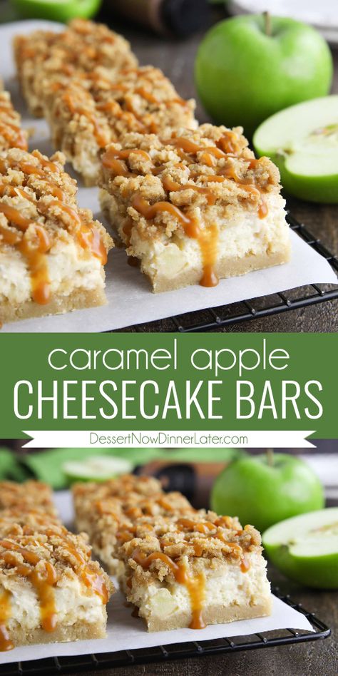 Caramel Apple Cheesecake Bars have a brown sugar shortbread crust and a creamy cheesecake center, topped with a fresh apple pie filling, crunchy streusel, and a caramel drizzle. This loaded dessert is perfect for the holidays! Apple Pie Cheesecake Bars, Fresh Apple Pie, Brown Sugar Shortbread, Cheesecake Caramel, Cheap Desserts, Recipes Cheesecake, Apple Cheesecake Bars, Bars Dessert, Caramel Apple Cheesecake Bars