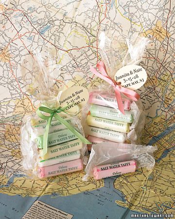 Back21 of 26Next  Candy Wedding Favor Ideas    Saltwater Taffy    Saltwater taffy, a popular souvenir of Atlantic City, is shore to be a crowd pleaser, even if you are nowhere near the boardwalk. Deposit the candies (these are from The Original Fudge Kitchen) into a cellophane bag and secure with a satin ribbon, looping it through an oval-punched label stamped with a greeting.    Next: Colorful Chocolate Classic Wedding Favors, Saltwater Taffy, Jersey Shore Wedding, Creative Wedding Favors, Salt Water Taffy, Edible Favors, Boda Diy, Candy Wedding Favors, Best Wedding Favors