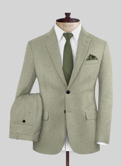 Italian Orfini Summer Green Wool Suit – StudioSuits Grooms Men Suits Sage Green, Light Green Groomsmen Attire, White And Green Suit, Sage Green Suit Wedding, Light Green Suit, Green Wool Suit, Green Linen Suit, Summer Wedding Suit, Olive Suit