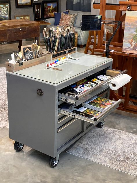 Basement Art Studio, Basement Art, Rolling Workbench, Watercolor Studio, Studio Lounge, Art Studio Decor, Art Studio Storage, Studio Storage, Wood Handrail