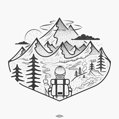 A new design for today! Follow me on Instagram, @grphcfvr Camping Drawing Illustrations, Camping Drawing Simple, Camping Drawings, Hiking Drawing, Camp Drawing, Adventure Drawing, Camping Tattoo, Camping Drawing, Camping Stickers