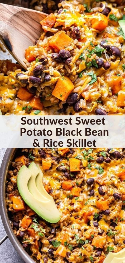 Southwest Sweet Potato, Black Bean And Rice, Bean And Rice, Easy E, Sweet Potato Black Bean, Rice Skillet, Healthy Vegetarian Dinner, Authentic Mexican Recipes, Sweet Potato Black Beans