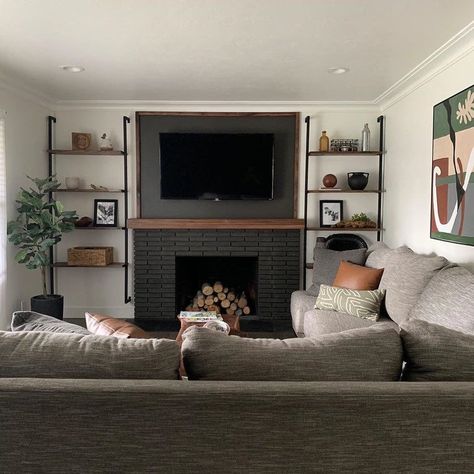 Tv With Shelves On Each Side, Tv With Fire Place And Floating Shelves On Sides, Living Room Decor Fireplace And Tv, Fireplace Set Up, Fireplace With Open Shelves On Each Side, Fireplace With Shelves On Each Side, Living Room Shelf Ideas, Iron Abode, University House