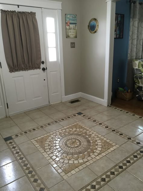 Foyer Tile Floor Front Entry, Mosaic Floor Tile Entryway, Foyer Tile Ideas Entryway, Diy Floor Tile, Green Floor Tile, Foyer Tile Ideas, Mosaic Entryway, Tile Entry, Foyer Tile