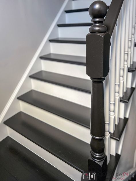 Wood Stairs Remodel, Black Painted Staircases, Black Stairs With Runner Rug, All Black Staircase With Runner, Paint Bannister Ideas, Paint Wood Stairs, Paint For Stairs Staircases, How To Paint Stairs Black, Painting Steps Ideas Staircases