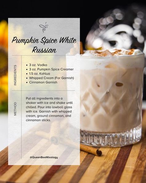 Kelly Sparks 🍸 Best Cocktails on Instagram: "PUMPKIN SPICE WHITE RUSSIAN 🎃 ⁠As the weather starts to cool and the leaves begin to change color, I know it's time for my favorite fall cocktail: the Pumpkin Spice White Russian.⁠ ⁠ This creamy drink is the perfect balance of sweet and spice, and it always gets me in the mood for all things Autumn. And, the best part about this drink is that it's so easy to make. So go ahead and cozy up with a Pumpkin Spice White Russian.⁠ ⁠ ⁠ Cheers! 🥂⁠⠀⁠ ⁠ ⁠👑 ? Cinnamon Drinks, Pumpkin Spice White Russian, Pumpkin Spice Creamer, Best Cocktails, Fall Cocktails Recipes, Fall Cocktail, Mixed Drinks Alcohol, Yummy Alcoholic Drinks, Boozy Drinks