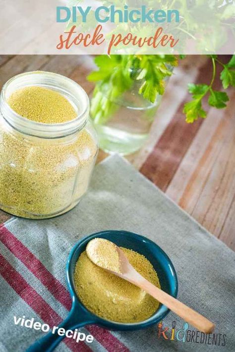 This DIY chicken stock powder is perfect for anything that needs stock powder!  It's shelf stable and filled with yummy veggies and chicken. #kidgredients #homemamde #stockpowder #chickenstock #chickenbroth #dehydrator #dehydrating #driedfood #prepping #preserving #food #delicious Veggies And Chicken, Homemade Stock, Chicken Broth Recipes, Dehydrated Chicken, Chicken Bullion, Yummy Veggies, Homemade Chicken Stock, Chicken Base, Fruit Roll