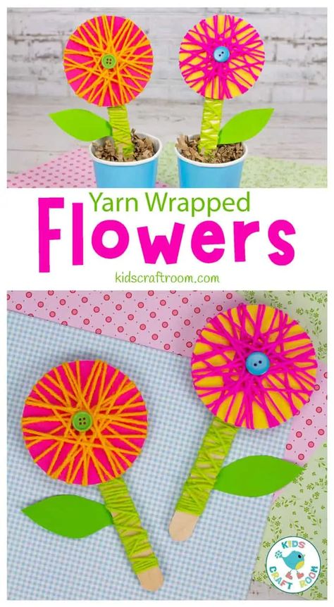 Yarn Wrapped Flower Craft - Kids Craft Room May Crafts, Kids Craft Room, Plant Crafts, Yarn Flowers, Spring Crafts For Kids, Flower Craft, Mothers Day Crafts For Kids, Camping Crafts, Fun Crafts For Kids