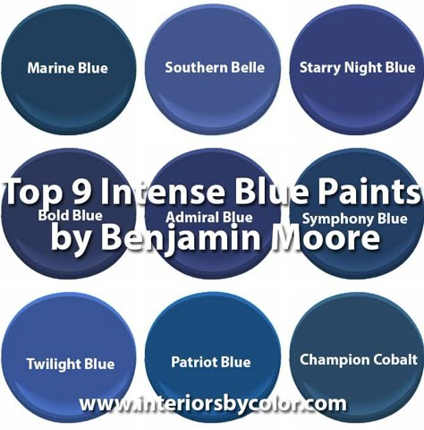 Top-9-Intense-Blue-Paints-by-Benjamin-Moore http://www.interiorsbycolor.com/top-9-intense-blue-paints-benjamin-moore/ Benjamin Moore Blue, Blue Front Door, Marine Colors, Paint Color Schemes, Neutral Paint Colors, Paint Colors Benjamin Moore, Blue Paint Colors, Benjamin Moore Paint, Front Door Colors