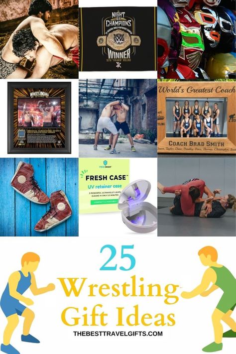 25 Wrestling gift ideas with nine images of wrestlers and items for wrestling fans Coach Gifts Wrestling, Wrestling Coaches Gift Ideas, Senior Night Gifts Wrestling, Wrestling Team Gifts, Senior Night Ideas Wrestling, Wrestling Gift Basket Ideas, Wrestling Goodie Bags, Gifts For Wrestlers, Wrestling Senior Night Gifts